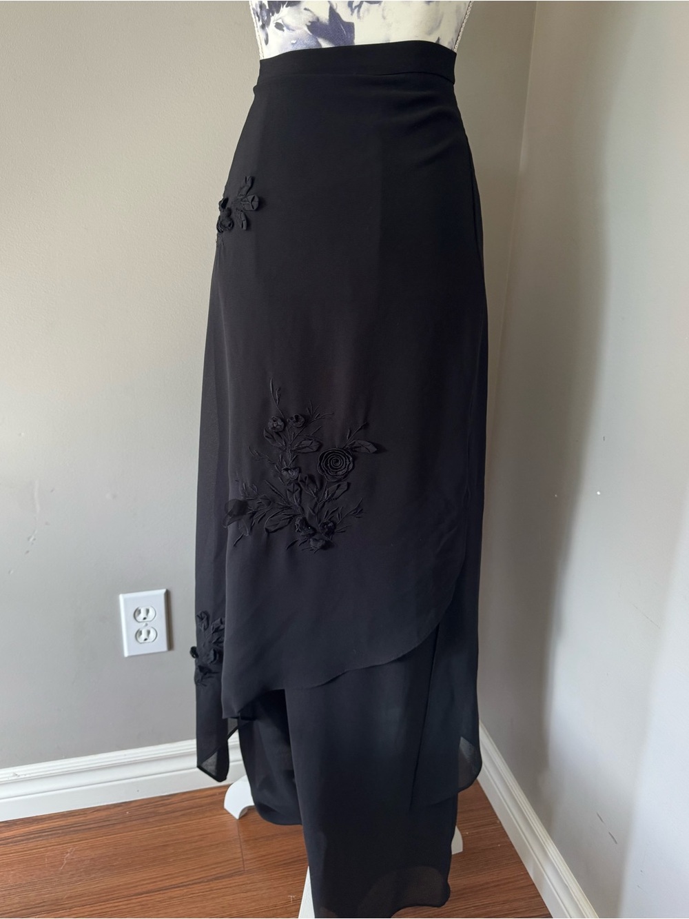 Y2K Jessica Asymmetrical Layered Skirted Wide Leg Trousers Floral Embroidery - Picture 4 of 10